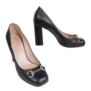 GUCCI Black Miro Soft Horsebit Pumps Block Heel Square Toe Womens EU 38 US 8